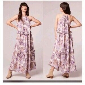 NWT Band Of The Free Purple Paisley Print Oversized Tiered Maxi Dress Size XS